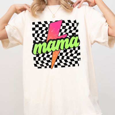 Vintage Mama Colorful Checkered Lightning Bolt Retro Graphic Print Comfort Colors Tee