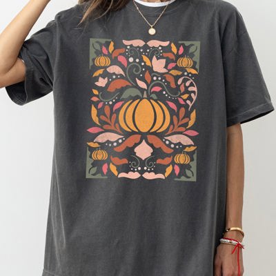 Autumn Folk Art Pumpkins Simplicity Fall Thanksgiving Halloween Comfort Colors Tee