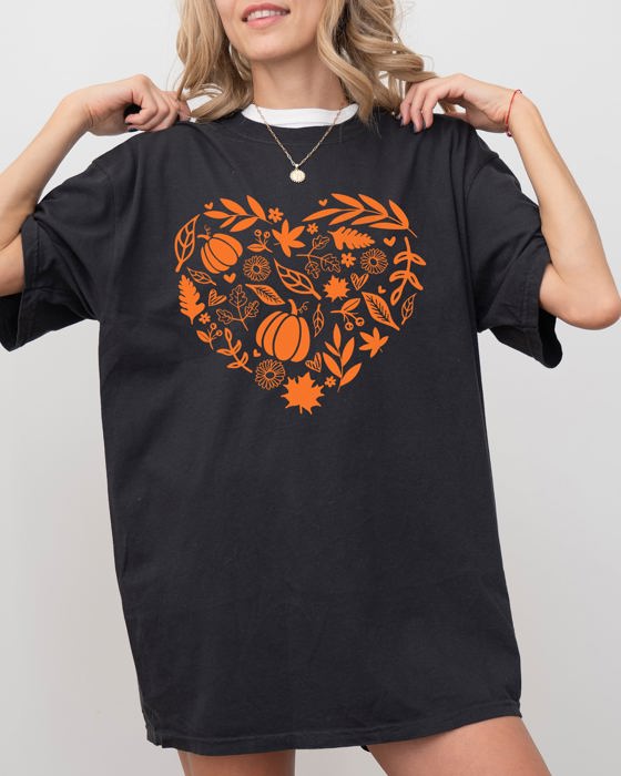 Autumn Heart Design Pumpkins Flowers Leaves Fall Thanksgiving Halloween Comfort Colors Tee