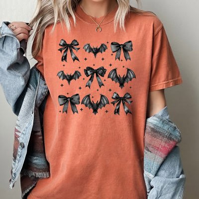 Bats and Black Bows Vampire Coquette Gothic Ribbons Lace Fangs Comfort Colors Tee
