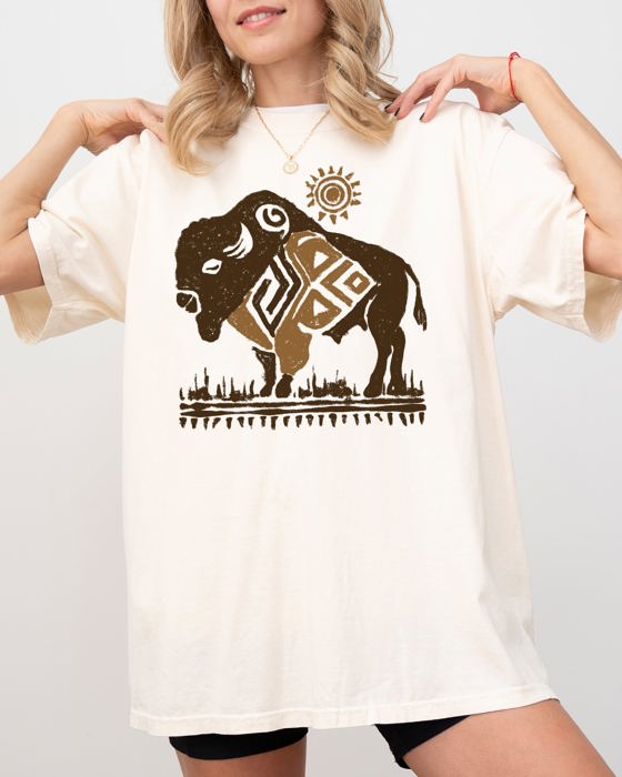 Bison Western Buffalo Sun Cowboy Nature Tribal Print Desert Scene Comfort Colors Tee