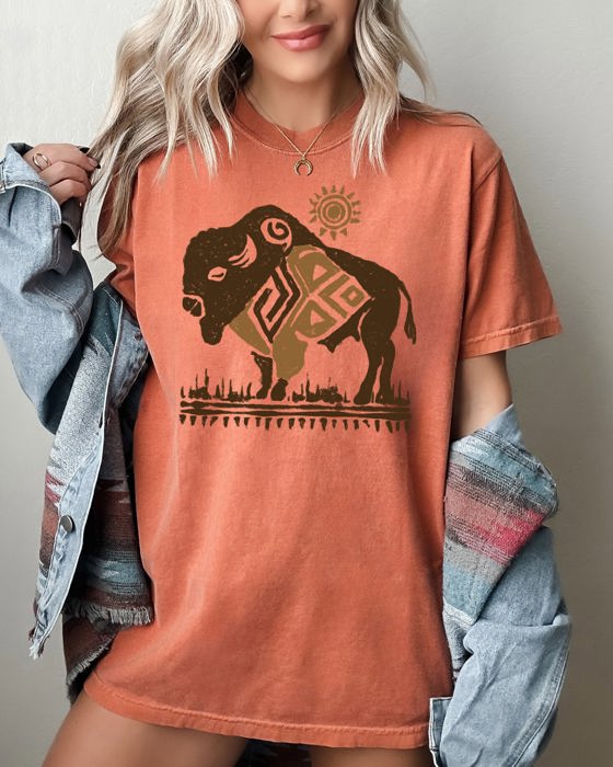 Bison Western Buffalo Sun Cowboy Nature Tribal Print Desert Scene Comfort Colors Tee