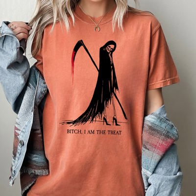 Bitch I Am The Treat Trick Or Treat Death Skeleton Witch Crude Sarcastic Vulgar Comfort Colors Tee