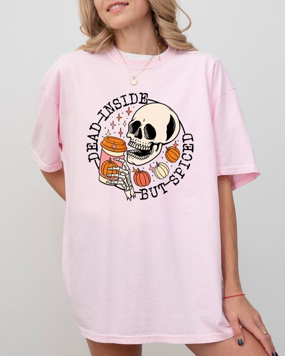 Dead Inside But Spiced Pumpkin Spice Latte Skeleton Halloween Fall Thanksgiving Comfort Colors Tee