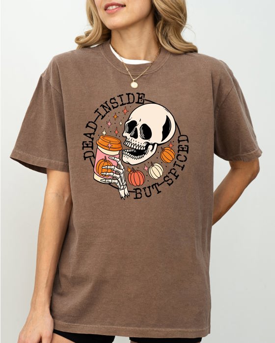Dead Inside But Spiced Pumpkin Spice Latte Skeleton Halloween Fall Thanksgiving Comfort Colors Tee
