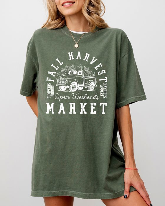Fall Harvest Market Hayrides Pumpkins Autumn Thanksgiving Halloween Comfort Colors Tee