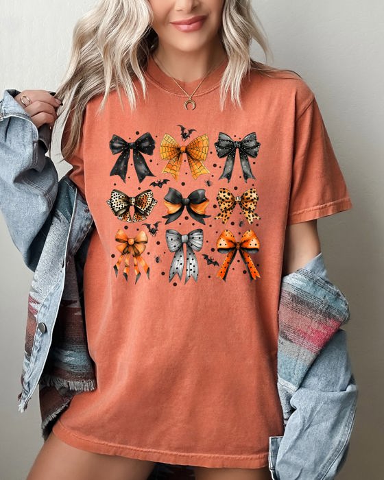Halloween Bat Bows Girly Ribbons Coquette Spooky Autumn Fall Thanksgiving Comfort Colors Tee
