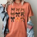 Medium Yam Halloween Bows Girly Ribbons Coquette Spooky Autumn Fall Thanksgiving Comfort Colors Tee