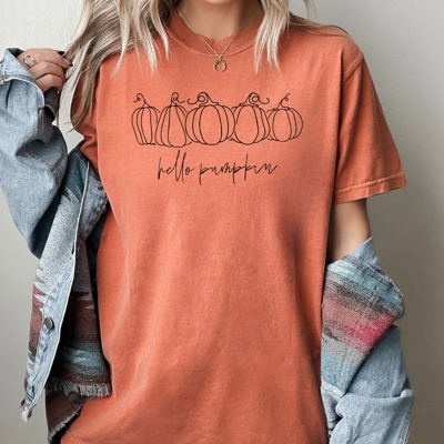 Hello Pumpkin Minimal Line Art Autumn Halloween Cozy Vintage Aesthetic Comfort Colors Tee