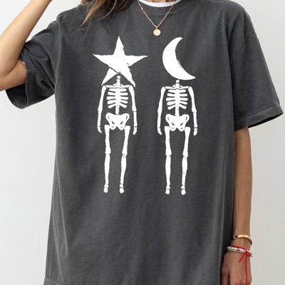 Mystical Couple Stars Moons Skeleton Halloween Spooky Night Sky Comfort Colors Tee