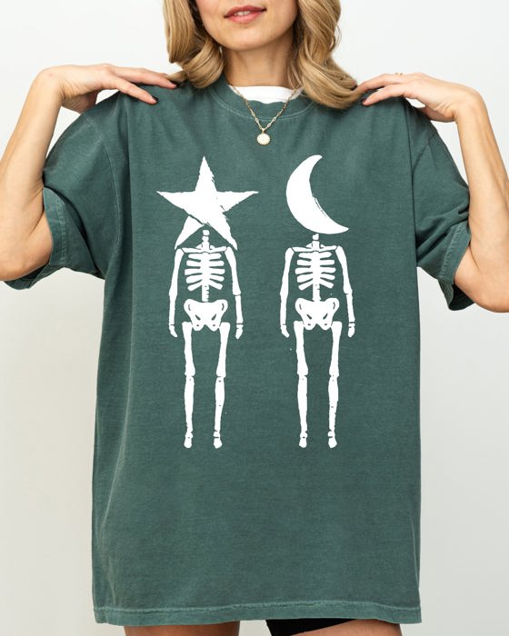 Mystical Couple Stars Moons Skeleton Halloween Spooky Night Sky Comfort Colors Tee