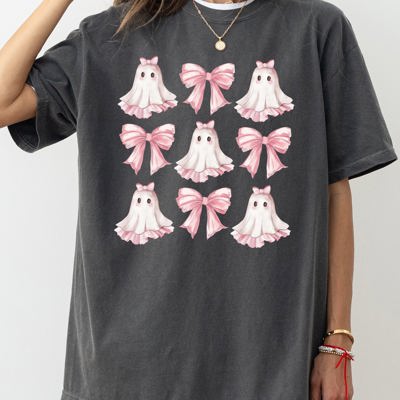 Pink Ghost Coquette Bows Ribbons Halloween Girly Spooky Cozy Vintage Inspired Comfort Colors Tee