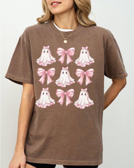 Pink Ghost Coquette Bows Ribbons Halloween Girly Spooky Cozy Vintage Inspired Comfort Colors Tee