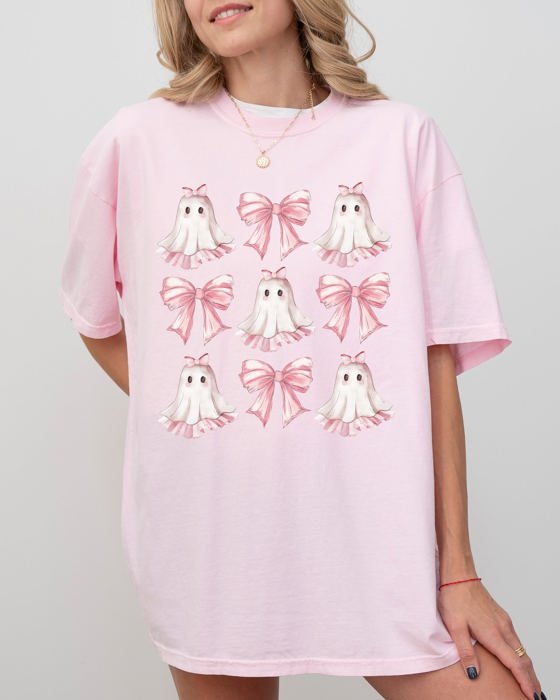 Pink Ghost Coquette Bows Ribbons Halloween Girly Spooky Cozy Vintage Inspired Comfort Colors Tee