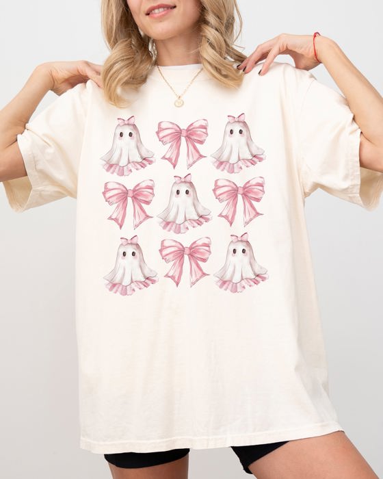 Pink Ghost Coquette Bows Ribbons Halloween Girly Spooky Cozy Vintage Inspired Comfort Colors Tee