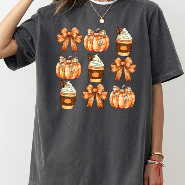 Pumpkin Spice Latte Ribbons Fall Coffee Pumpkins Autumn Thanksgiving Halloween Bows Comfort Colors Tee