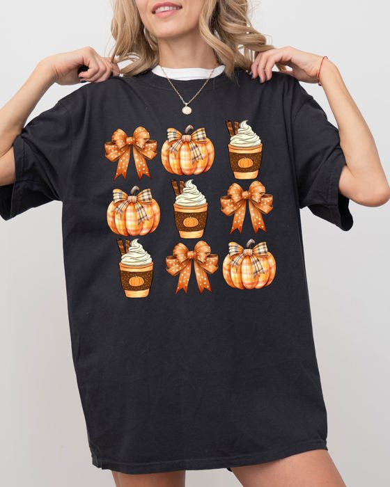 Pumpkin Spice Latte Ribbons Fall Coffee Pumpkins Autumn Thanksgiving Halloween Bows Comfort Colors Tee