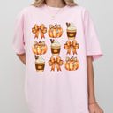 Small Blossom Light Pink Pumpkin Spice Latte Ribbons Fall Coffee Pumpkins Autumn Thanksgiving Halloween Bows Comfort Colors Tee