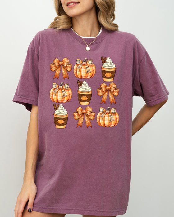 Pumpkin Spice Latte Ribbons Fall Coffee Pumpkins Autumn Thanksgiving Halloween Bows Comfort Colors Tee
