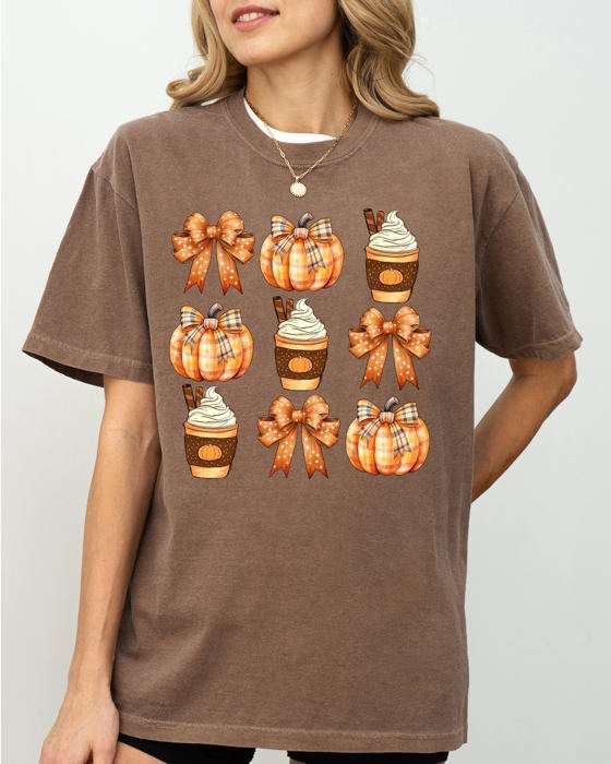 Pumpkin Spice Latte Ribbons Fall Coffee Pumpkins Autumn Thanksgiving Halloween Bows Comfort Colors Tee