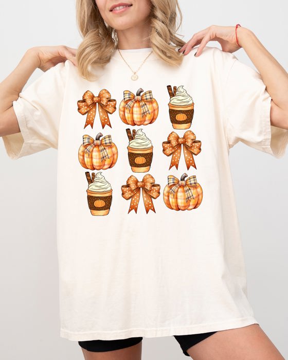 Pumpkin Spice Latte Ribbons Fall Coffee Pumpkins Autumn Thanksgiving Halloween Bows Comfort Colors Tee