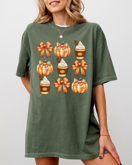 Pumpkin Spice Latte Ribbons Fall Coffee Pumpkins Autumn Thanksgiving Halloween Bows Comfort Colors Tee