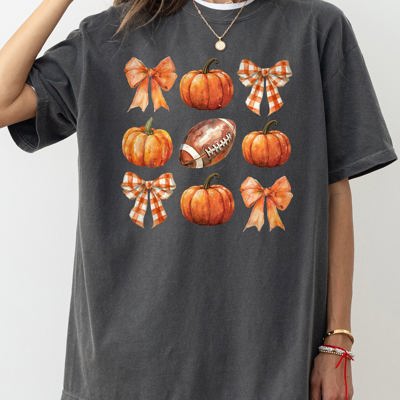 Pumpkin Football Bows Ribbons Fall Autumn Thanksgiving Halloween Sports Touch Down Comfort Colors Tee