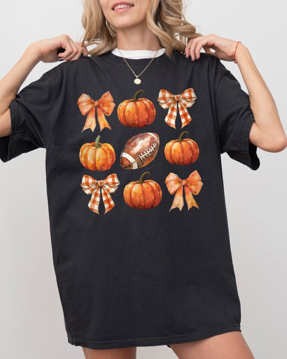 Pumpkin Football Bows Ribbons Fall Autumn Thanksgiving Halloween Sports Touch Down Comfort Colors Tee