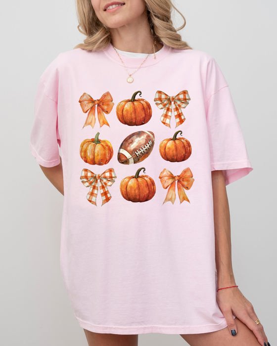 Pumpkin Football Bows Ribbons Fall Autumn Thanksgiving Halloween Sports Touch Down Comfort Colors Tee