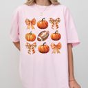 Small Blossom Light Pink Pumpkin Football Bows Ribbons Fall Autumn Thanksgiving Halloween Sports Touch Down Comfort Colors Tee