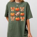 Medium Moss Dark Green Pumpkin Football Bows Ribbons Fall Autumn Thanksgiving Halloween Sports Touch Down Comfort Colors Tee