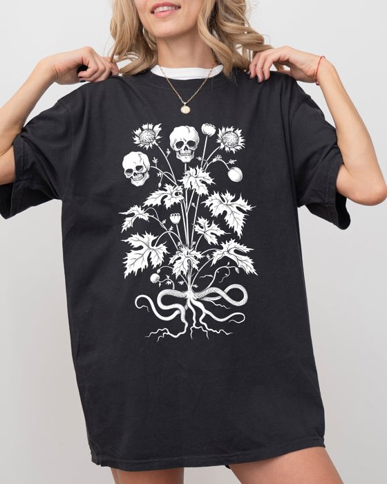 Skull Flower Botanical Halloween Skeleton Spooky Snakes Art Collection Comfort Colors Tee