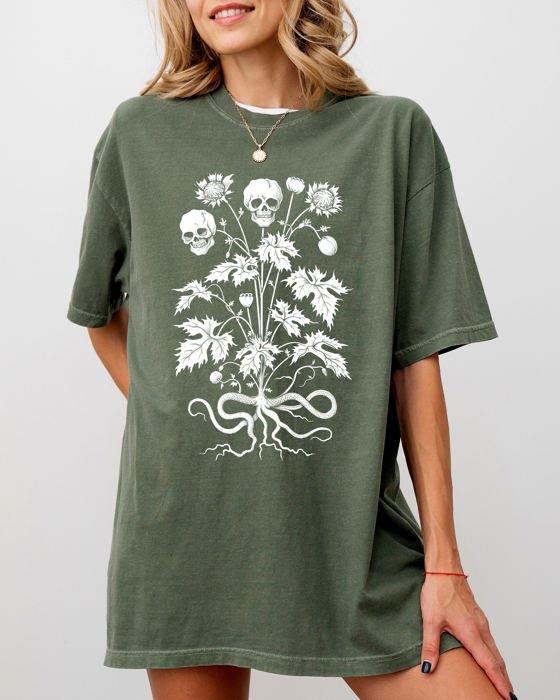 Skull Flower Botanical Halloween Skeleton Spooky Snakes Art Collection Comfort Colors Tee