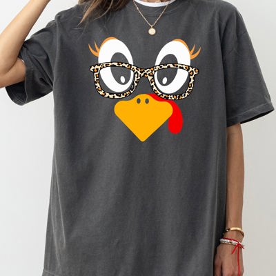 Thanksgiving Turkey Funny Face Leopard Print Fall Autumn Teacher Chic Comfort Colors Tee