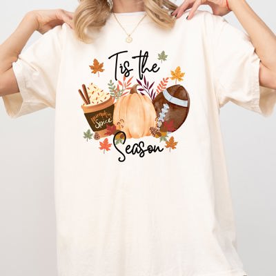 Tis The Season Football Pumpkin Leaves Autumn Halloween Cozy Vintage Fall Vibes Comfort Colors Tee