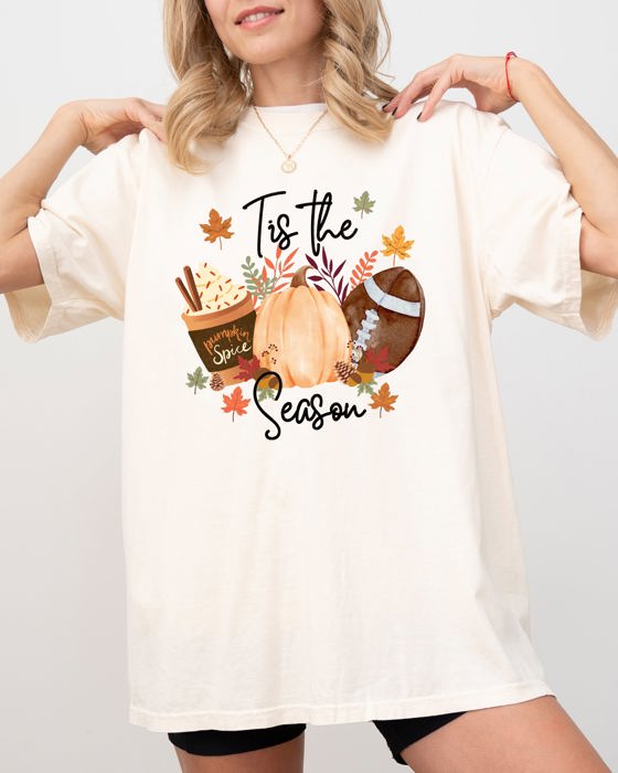 Tis The Season Football Pumpkin Leaves Autumn Halloween Cozy Vintage Fall Vibes Comfort Colors Tee