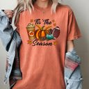  Tis The Season Leopard Print Football Pumpkin Leaves Autumn Halloween Comfort Colors Tee