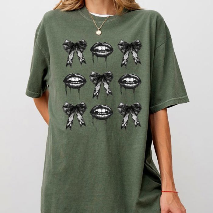 Vampire Black Bows Coquette Ribbons Halloween Lace Gothic Spooky Scary Fangs Comfort Colors Tee