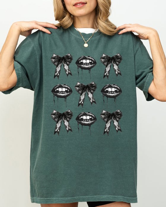 Vampire Black Bows Coquette Ribbons Halloween Lace Gothic Spooky Scary Fangs Comfort Colors Tee