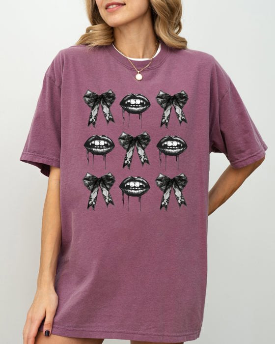 Vampire Black Bows Coquette Ribbons Halloween Lace Gothic Spooky Scary Fangs Comfort Colors Tee