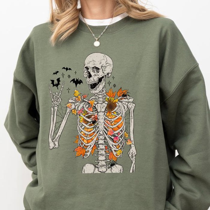 Autumn Skeleton Bats Halloween Fall Night Cozy Haunted Vibes Illustration Sweatshirt