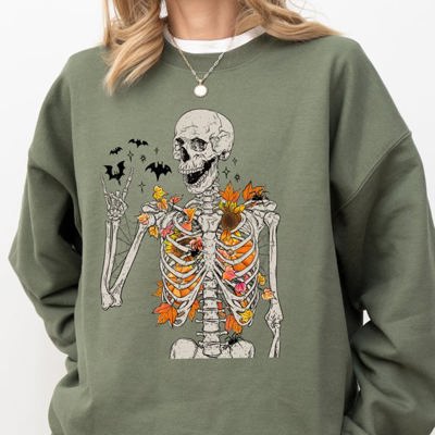 Autumn Skeleton Bats Halloween Fall Night Cozy Haunted Vibes Illustration Sweatshirt