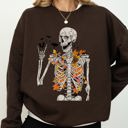 Medium Dark Chocolate Brown Autumn Skeleton Bats Halloween Fall Night Cozy Haunted Vibes Illustration Sweatshirt