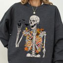 XL Dark Gray Heather Autumn Skeleton Bats Halloween Fall Night Cozy Haunted Vibes Illustration Sweatshirt