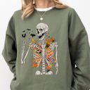 XXL Military Green Autumn Skeleton Bats Halloween Fall Night Cozy Haunted Vibes Illustration Sweatshirt