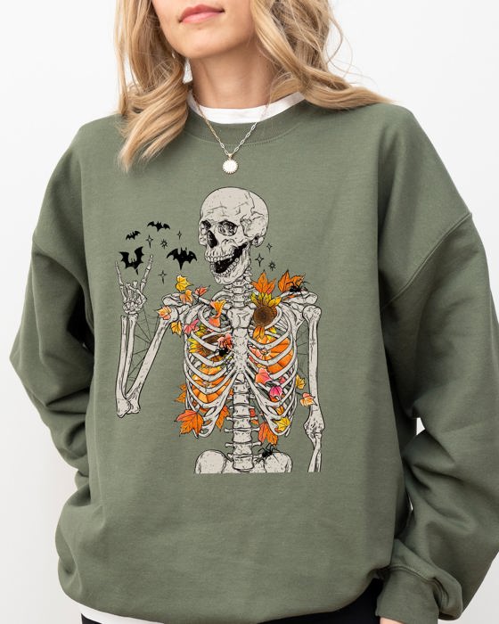 Autumn Skeleton Bats Halloween Fall Night Cozy Haunted Vibes Illustration Sweatshirt