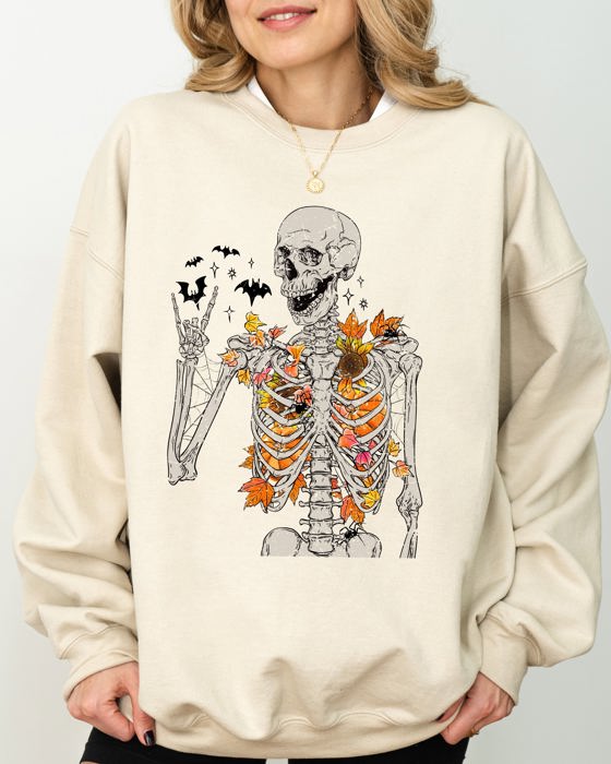 Autumn Skeleton Bats Halloween Fall Night Cozy Haunted Vibes Illustration Sweatshirt