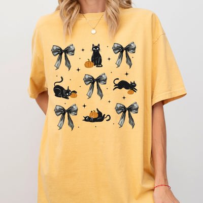 Black Cat Coquette Ribbons And Bows Halloween Autumn Vintage Edition Comfort Colors Tee