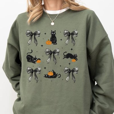 Black Cat Coquette Ribbons and Bows Halloween Girly Autumn Fall Cozy Soft Sweatshirt