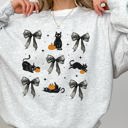 Large Ash Light Gray Black Cat Coquette Ribbons and Bows Halloween Girly Autumn Fall Cozy Soft Sweatshirt